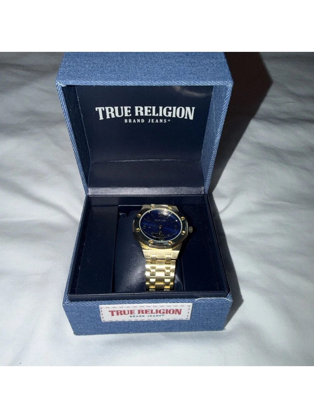 New True Religion Mens Watch TRM102 BLUE FACE Gold Buddha Guitar NIB